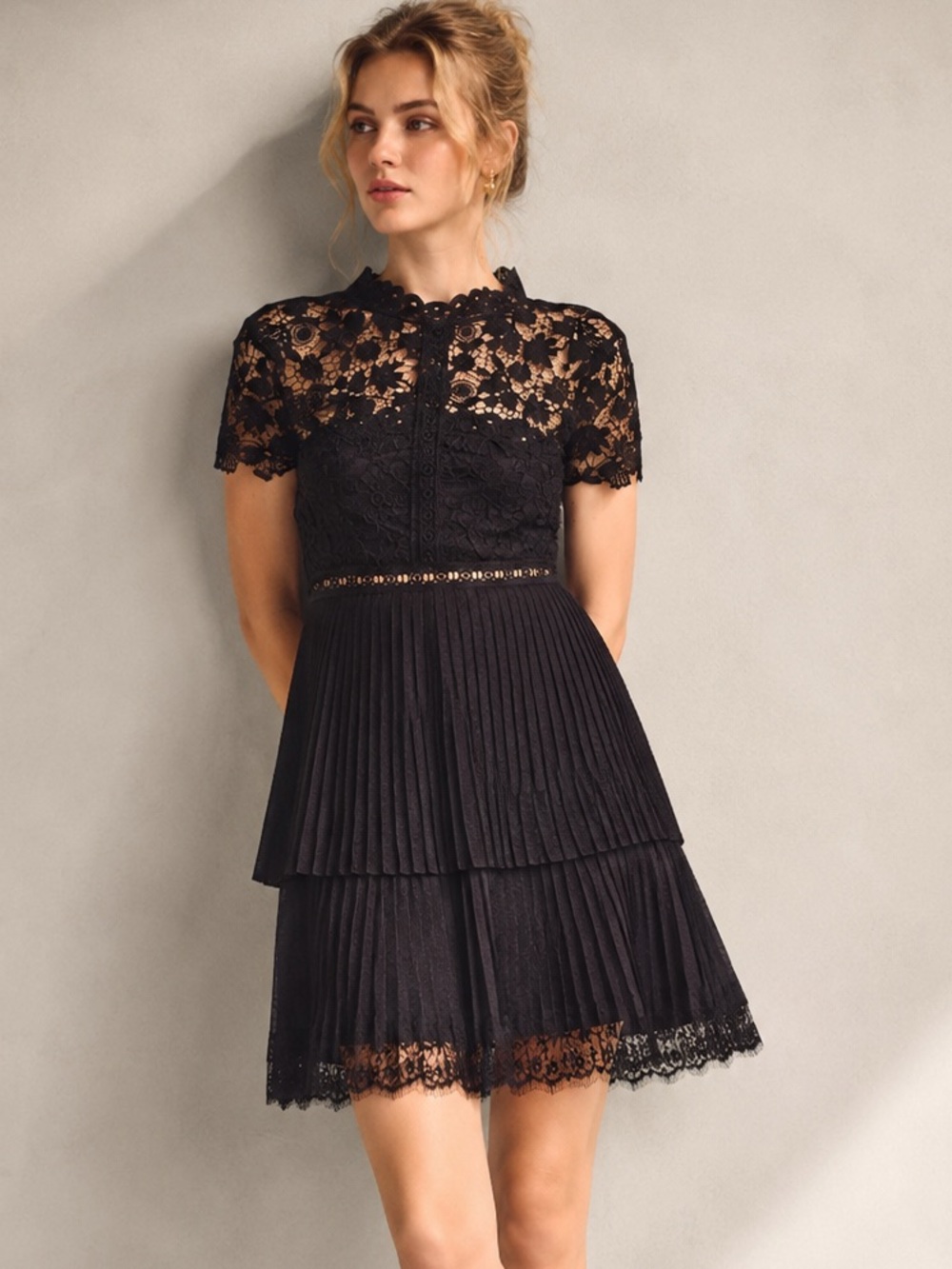 Zara Black Lace Contrasting Cocktail Pleated Mini Dress Size Small